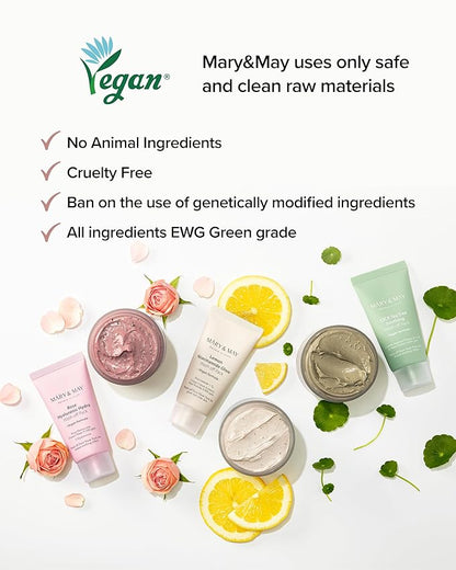 Mary&May Vegan Rose Hyaluronic Hydra Wash Off Mask - Rose Petal and Damask Rose Water Cream Mask for Moisturizing, Exfoliation, and Blackhead Removal - Korean Skincare, 1.01oz.
