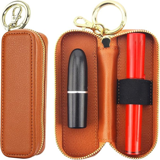 Bocasal Leather Lipstick Case Holder Chapstick Keychain Pouch, Zipper Lip Balm Lip Gloss Bag for Purse with Key Chain Elastic Band, Makeup Travel Organizer Cosmetic Storage Kit for Women Girls (Brown)