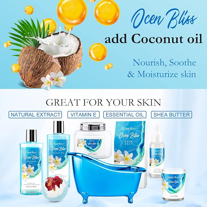 Mother's Day Gifts Spa kit Gifts for Her or Him Birthday Gifts for Women, Luxury Home Spa Kit, 8pcs Bath Gift Set Ocean & Vanilla, Gift Baskets for Women Unique with Bath Bombs, Scented Body Lotion