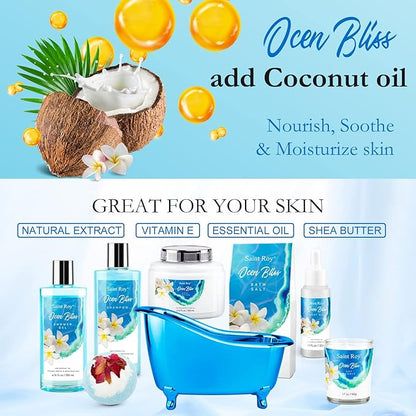 Mother's Day Gifts Spa kit Gifts for Her or Him Birthday Gifts for Women, Luxury Home Spa Kit, 8pcs Bath Gift Set Ocean & Vanilla, Gift Baskets for Women Unique with Bath Bombs, Scented Body Lotion