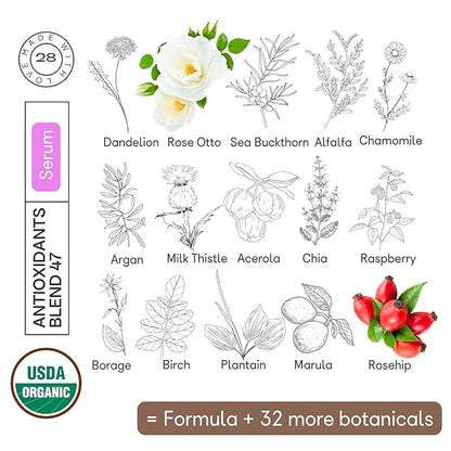 Organic28. 100% Organic Antioxidant Serum – USA Made. 47 Botanicals. Concentrated Rejuvenating Serum For Face & Décolletage. Rich Vitamins Organic Moisturizer. Aromatherapy: Bulgarian Rose.2 Fl. Oz