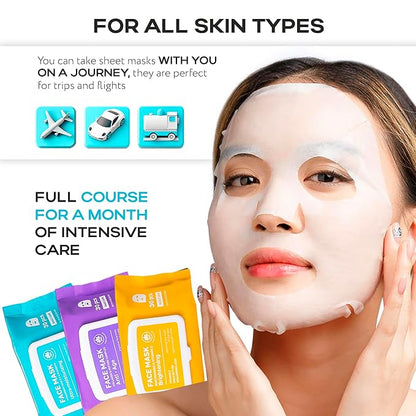 NSC Korean Moisturizing Face Masks with Hyaluronic Acid - 30-Pack Premium Hydrating Sheet Mask Set - Advanced K-Beauty with Shea Butter and Jojoba Oil - Skincare Monthly Supply for All Skin Types