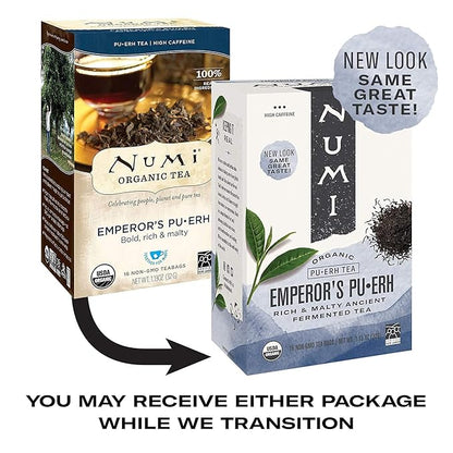 Numi Organic Emperor's Pu-erh Tea, 16 Tea Bags (Pack of 3), Aged Fermented Yunnan Black Tea - 48 Total Tea Bags