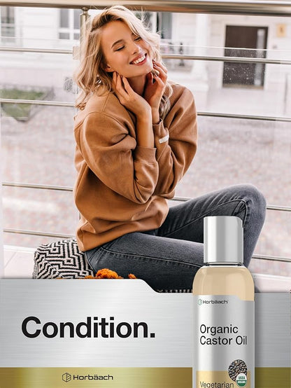 Horbäach Castor Oil Organic | 4 fl oz | Cold Pressed and Hexane Free | For Face, Hair, Eyelashes and Eyebrows | Vegetarian, Non-GMO Formula