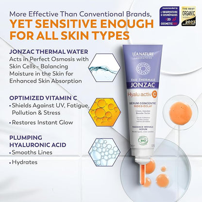 Organic Hyalu Activ C Serum for Face & Eyes - Optimized Vitamin C 5x More Stable With Hyaluronic Acid - Anti-Wrinkle - Brighter & Plumped Skin - 1.01 Fl Oz
