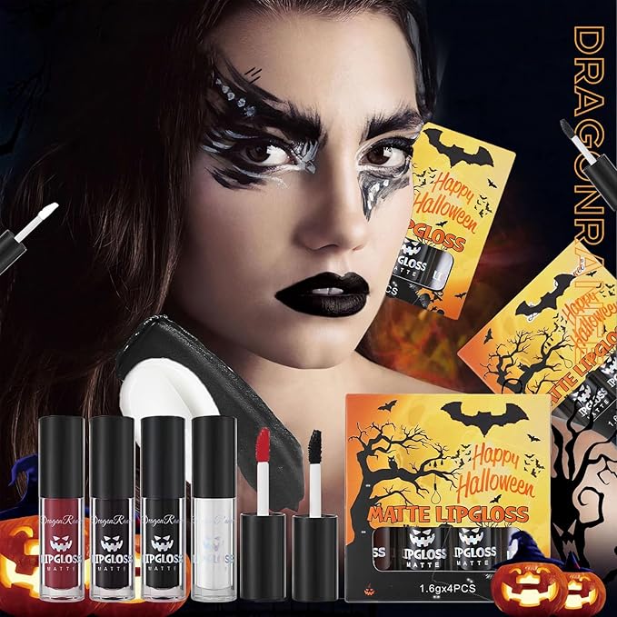 4Pcs Dark Black White Red Liquid Lipstick Lip Stain Lip Gloss Makeup Set，Professional Halloween Special Effects Makeup Waterproof Long Lasting Face Paint Lipgloss for Cosplay Goth Makeup Kit