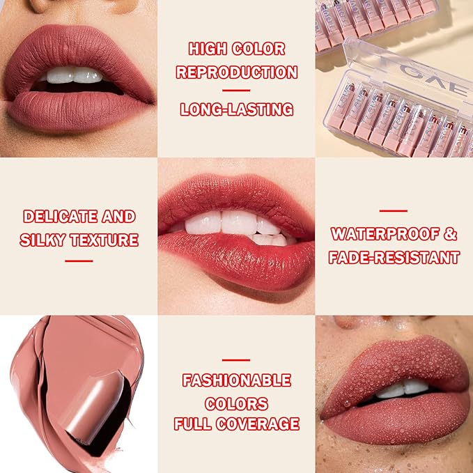 10PCS Mini Matte Lipstick Set,Smooth High Pigmented Lipstick Set,Waterproof Long Lasting Non-Fading Lip Gloss Stick Makeup Set,Matte Nude Lipstick Gift Set for Women