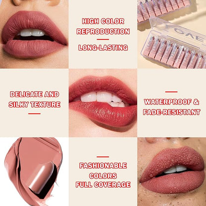 10PCS Mini Matte Lipstick Set,Smooth High Pigmented Lipstick Set,Waterproof Long Lasting Non-Fading Lip Gloss Stick Makeup Set,Matte Nude Lipstick Gift Set for Women