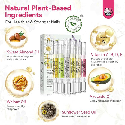 SAVILAND Floral Cuticle Oil Pen: 6Pcs 5ml Large Capacity Nail Growth Oil with Real Flowers For Revitalizing Hydrating Repairing Nail Strengthener Cuticles Softener Nail Growth Serum with Vitamin E