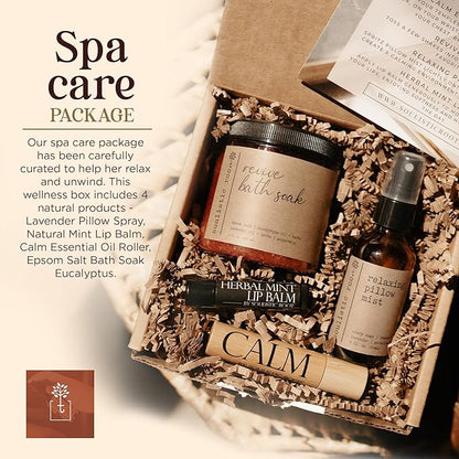 Spa Kit for Women – Relaxing Self Care Gift Set with Lavender Pillow Spray, Mint Lip Balm, Calm Essential Oil Roller & Epsom Salt Bath Soak – Luxury Pampering Package for Home & Bath