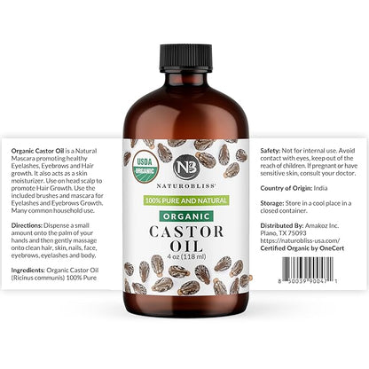 NaturoBliss Castor Oil Organic (4oz), 100% Pure, Cold Pressed, Hexane Free. Volumizing Serum for Hair, Eyelashes, Eyebrows. Hair Treatment Starter Kit & Skin Moisturizer