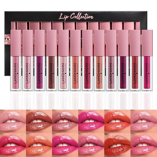 LANGMANNI 12Pcs Lip gloss Collection Makeup Set, Shiny LANGMANNI