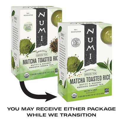 Numi Organic Matcha Toasted Rice Tea, 18 Tea Bags, Organic Genmaicha Green Tea, Caffeinated (Packaging May Vary)