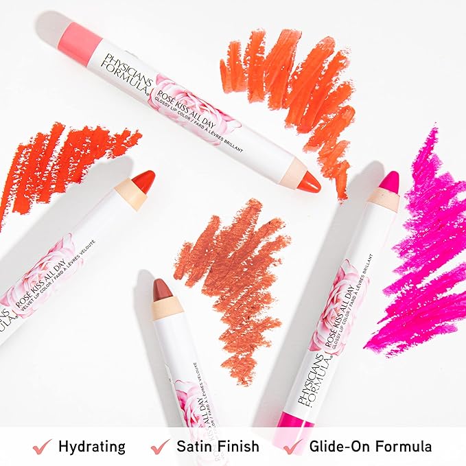 Physicians Formula Rosé Kiss All Day Glossy Lipstick Lip Color Makeup, Red Blush Blushing Mauve | Dermatologist Tested, Clinicially Tested