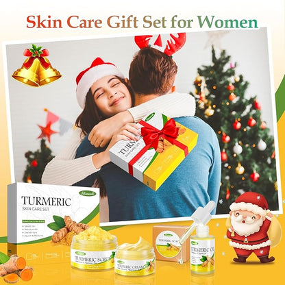 Turmeric Skin Care Set Even Skin Tone with Vitamin C, Skin Care Gift Set 4 In 1 Include Turmeric Soap Bar Turmeric Oil Turmeric Face Cream Turmeric Scrub, Face Moisturizer Skincare Set for Women