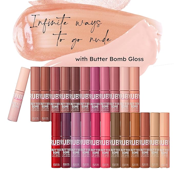 Ruby Kisses Lip Gloss Butter Bomb Gloss Non-Sticky Lip Gloss Vitamin E Natural Nude Lip Makeup - 7.8mL (0.26 US fl.oz) (Nude, Tantalize, Blushing, Sublime)