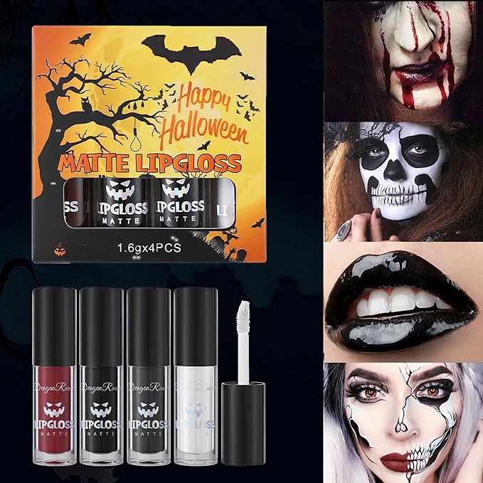 4Pcs Dark Black White Red Liquid Lipstick Lip Stain Lip Gloss Makeup Set，Professional Halloween Special Effects Makeup Waterproof Long Lasting Face Paint Lipgloss for Cosplay Goth Makeup Kit