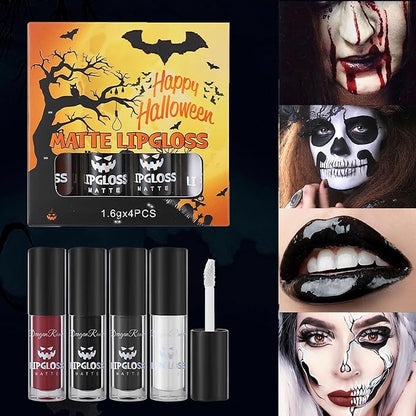 4Pcs Dark Black White Red Liquid Lipstick Lip Stain Lip Gloss Makeup Set，Professional Halloween Special Effects Makeup Waterproof Long Lasting Face Paint Lipgloss for Cosplay Goth Makeup Kit