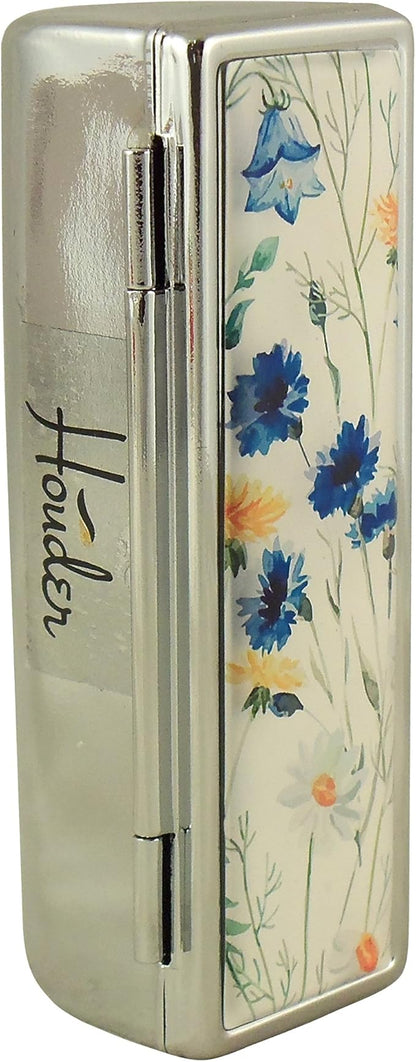 Houder Designer Lipstick Case with Mirror for Purse - Decorative Lipstick Holder with Gift Box - Velvet Lined - Protect Your Lipsticks in Style (Blue Flowers)
