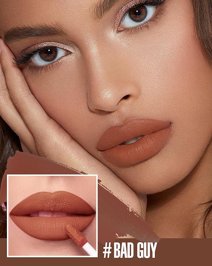 3Pc Matte Liquid Lipsticks, Pink Dark Red Brown Long