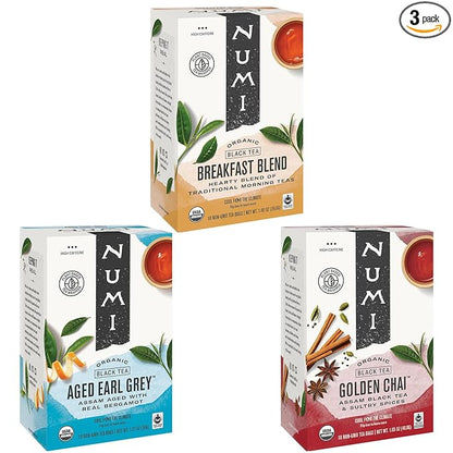 Numi Organic Black Tea Variety, 18 Tea Bags (Pack of 3), Breakfast Blend, Aged Earl Grey & Golden Chai (Packaging May Vary)