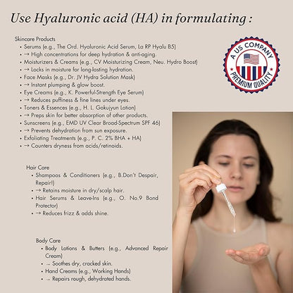 Hyaluronic Acid Powder Pure High Molecular Weight Cosmetic Grade Water Soluble Sodium Hyaluronate for Skin Face Cosmetic Applications Make Your Own Serum