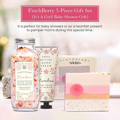 FinchBerry 3-Piece Gift Set - It’s A Girl! Baby Shower Gift, New Mom Care Package, First-Time Mom Gifts, Baby Girl Gift – Includes Handmade Shea Butter Soap(4.5oz), Bath Soak (20oz) & Hand Cream (1oz)