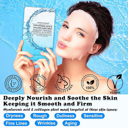 Collagen Face Mask Skincare For Women Hyaluronic Acid Moisturizing Firming Calming Hydrating Pore Treatment of Different Ages and Skin Types Urban Beauty Secret 12 PCS