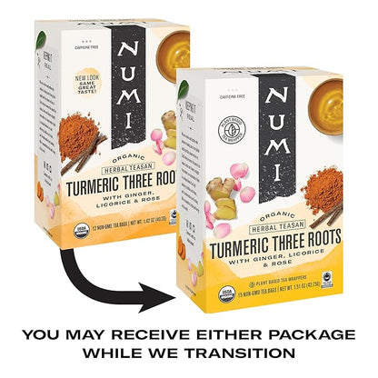 Numi Organic Three Roots Turmeric Tea, 12 Tea Bags (Pack of 3) With Ginger, Licorice, Rose, Caffeine Free, Packaging May Vary