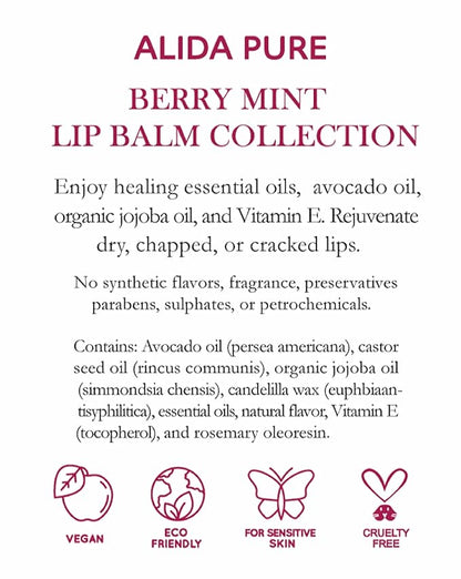 Berry Mint Lip Balm Collection, Vegan Lip Balm Set, Bees Wax Free, Coconut Oil Free, Avocado Oil, Organic Jojoba Oil, Vitamin E, Natural Moisturizer For Dry Cracked Lips, 3 Tube Set