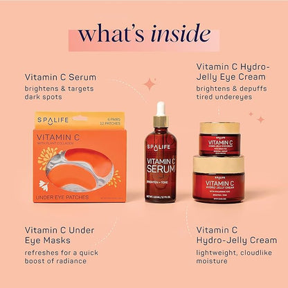 SpaLife Complete Vitamin C Skin Care Variety Bundle - Nourishing Under Eye Patches, Revitalizing Face & Eye Cream, and Potent Facial Serum for Youthful Radiance - Skincare Gift Set for Dry Skin