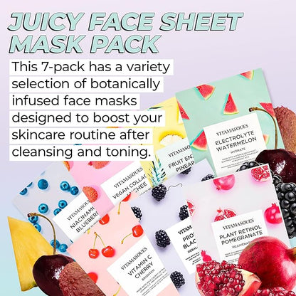 Vitamasques Face Masks Skincare Sheet Kit, 7-Pack - Juicy Collection of Triple-Layer Sheet Facial Masks - Korean Skin Care Pore Purifying, Brightening, and Hydrating