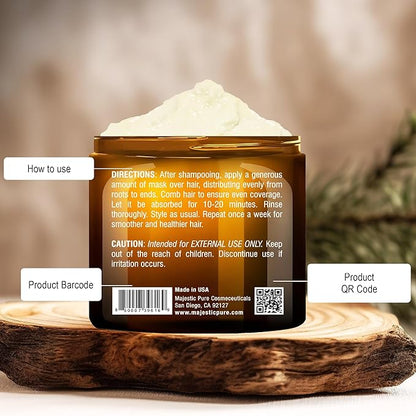 Majestic Pure Avocado and Coconut Hair Mask for Dry Damaged Hair - Infused with Biotin - Deep Conditioning, Hair Thickening, for Healthy Hydrated Hair, Sulfate Free, 16 fl oz