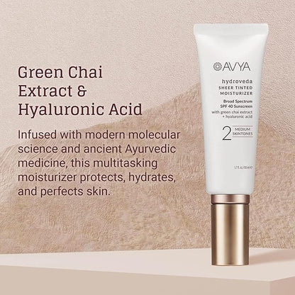 AVYA SPF 40 Sheer Tinted Moisturizer with Hyaluronic Acid & Green Chai – Advanced Ayurvedic Skincare Treatment for Balanced and Brighter Skin/Medium Skintones Shade #2 (1.7oz/50ml)