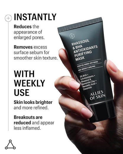 Allies of Skin 2% BHA & Rhassoul Clay Face Mask | Weekly Treatment to Reduce Pores and Blemishes| Control Breakouts, Acne and Blackheads | Hydrate and Retain Moisture (1.7 oz)
