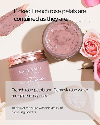 Mary&May Vegan Rose Hyaluronic Hydra Wash Off Mask - Rose Petal and Damask Rose Water Cream Mask for Moisturizing, Exfoliation, and Blackhead Removal - Korean Skincare, 10.1oz.