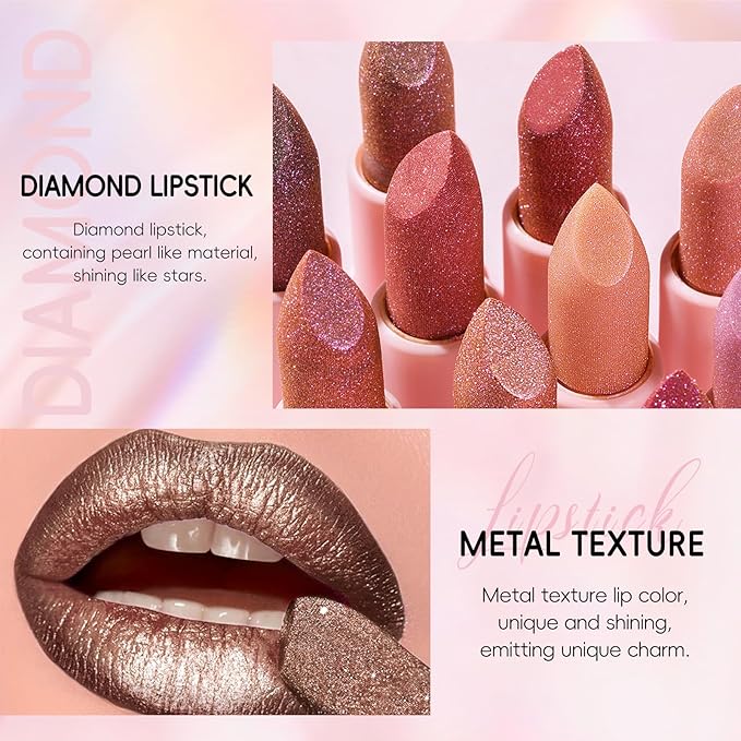 Metallic Dark Brown Lipstick Liner Set, Long Lasting Shiny Glitter Diamond Plump Lipstick Combos, Full Coverage High Impact Lip Color, Non Stick Cup Lightweight Lip Makeup for Women#8