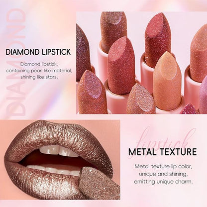 Metallic Dark Brown Lipstick Liner Set, Long Lasting Shiny Glitter Diamond Plump Lipstick Combos, Full Coverage High Impact Lip Color, Non Stick Cup Lightweight Lip Makeup for Women#8