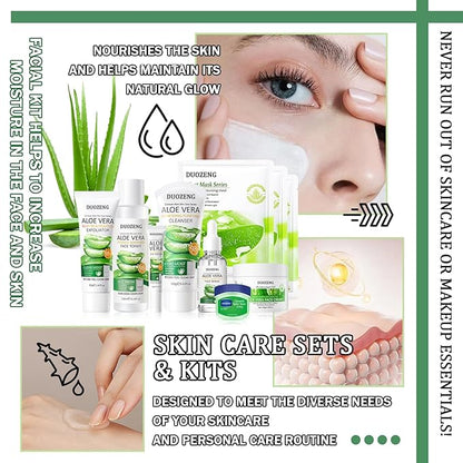 10Pcs Skin Care Kit,Skincare Gift Set with Facial Cleanser,Toner,Serum,Eye Cream, Face Cream,Exfoliating Gel,Sleeping Lip Mask & 3 Pcs Aloe Vera Mask Kit for Women
