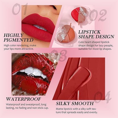 Pink Purple Dark Burgundy Brown Matte Velvet Lipstick for Women-3 Colors Long-Wear Non Stick Cup Heart Shape Lazy Lipstick Set, Waterproof High Pigmented 24H Lip Stick Makeup for Lazy People -Set 5