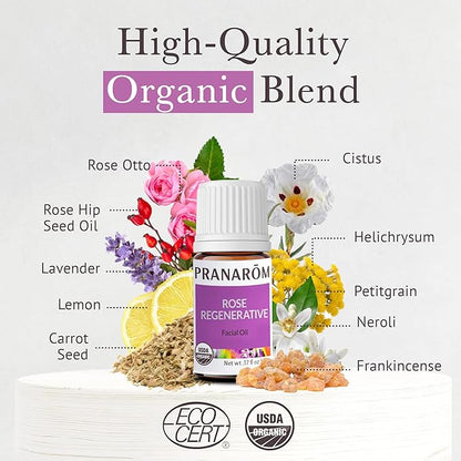 Pranarom - Rose Regenerative Facial Essential Oil Blend (5ml) - Lavender, Rosehip Seed, Frankincense, and Lemon - 100% Pure Essential Oil for Skincare | USDA and ECOCERT Certified Organic
