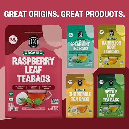 FGO Organic Red Raspberry Leaf Tea Bags, 100 Eco-Conscious Tea Bags, Caffeine Free, Imported from Germany, Reseable Bag, Packaging May Vary (Pack of 1)