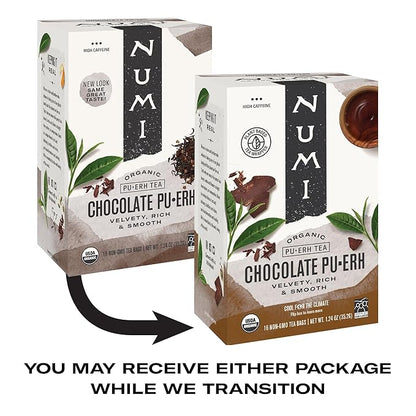 Numi Organic Chocolate Pu-erh Tea, 16 Tea Bags, Aged Yunnan Pu-erh Black Tea with Cocoa & Orange Peel (Packaging May Vary)