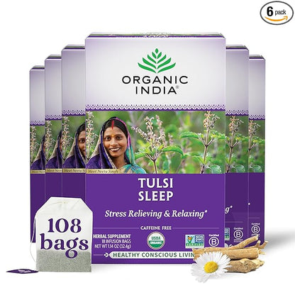 ORGANIC INDIA Tulsi Sleep Herbal Tea - Holy Basil, Ashwagandha, Chamomile, Night Time Tea for Bedtime, Stress Relieving & Relaxing, Immune Support, USDA Certified Organic - 18 Infusion Bags, 6 Pack
