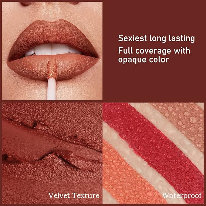 6pcs Matte Liquid Lipstick Set, Nude Lipsticks Makeup Kit for Women, Velvet Lip Gloss Waterproof Non-Stick Cup Labiales Mate 24 Horas (Set A)