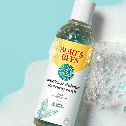 Burt’s Bees Foaming Face Wash, BHA Breakout Defense Cleanser for All Skin Types, Washes Away Impurities & Excess Facial Oil, With a Prebiotic, 8 Oz.