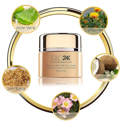 GLO24K Rejuvenating 24k Eye Cream and Serum With 24k Gold, Hyaluronic Acid, Vitamins A,C,E