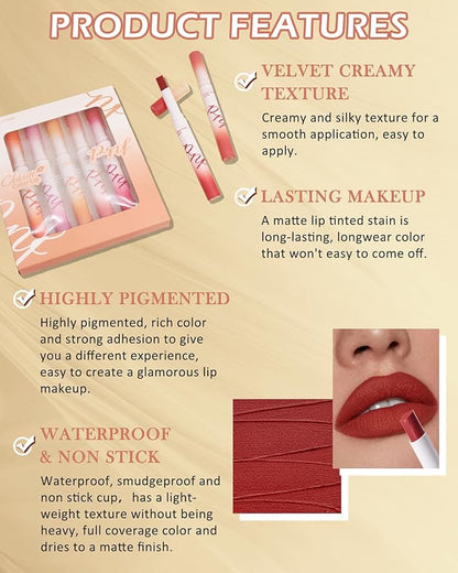 Matte Lipstick Kit-5 Colors Lip Tint Stain,Tube Crayon Lipstick Pen,Tinted Lip Gloss,Ruby Red Nude Dark Brown Plum Lipcolor Longlasting 24 hours Waterproof Labiales Mate,Makeup Gift for Women-Set A