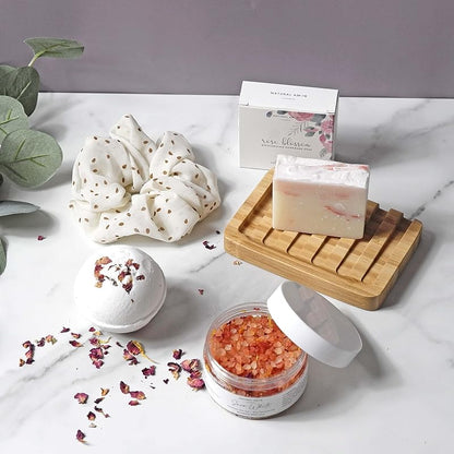 Natural Amor Rose Spa Gifts for Women,4pcs Self Care Box Including Soap Bar, Bath Bomb, Bath Salt,Thank You Gift for Women