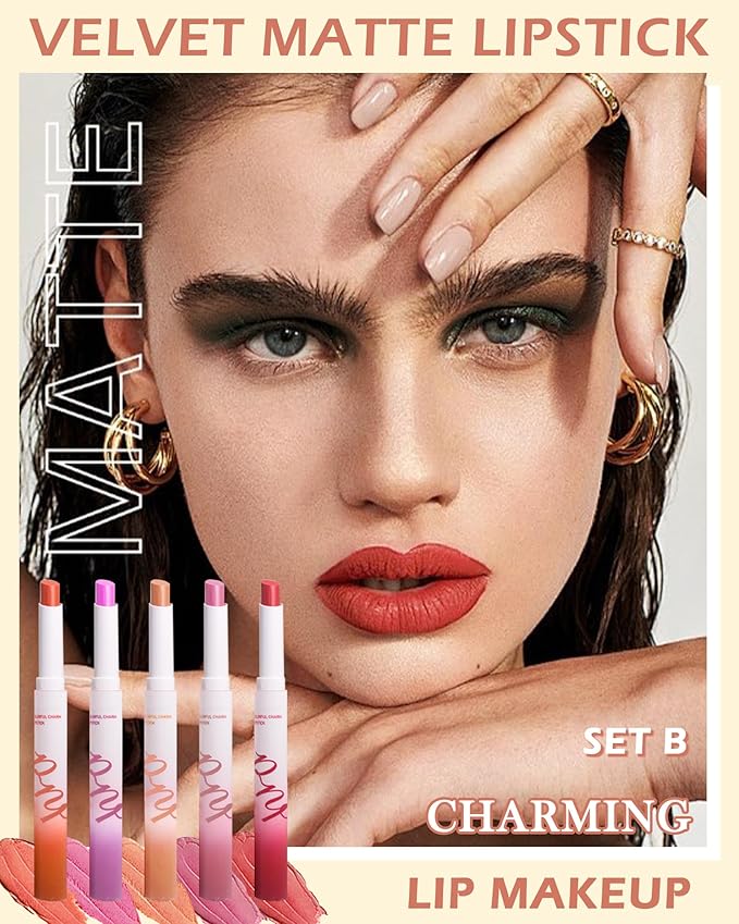 Matte Lipstick Kit-5 Colors Lip Stain Tint Pen,Tube Crayon Lipstick Tinted Lip Gloss,Nude Dark Brown Pink Ruby Red Lipcolor Longlasting 24 hours Waterproof Labiales Mate,Makeup Gift for Women-Set B